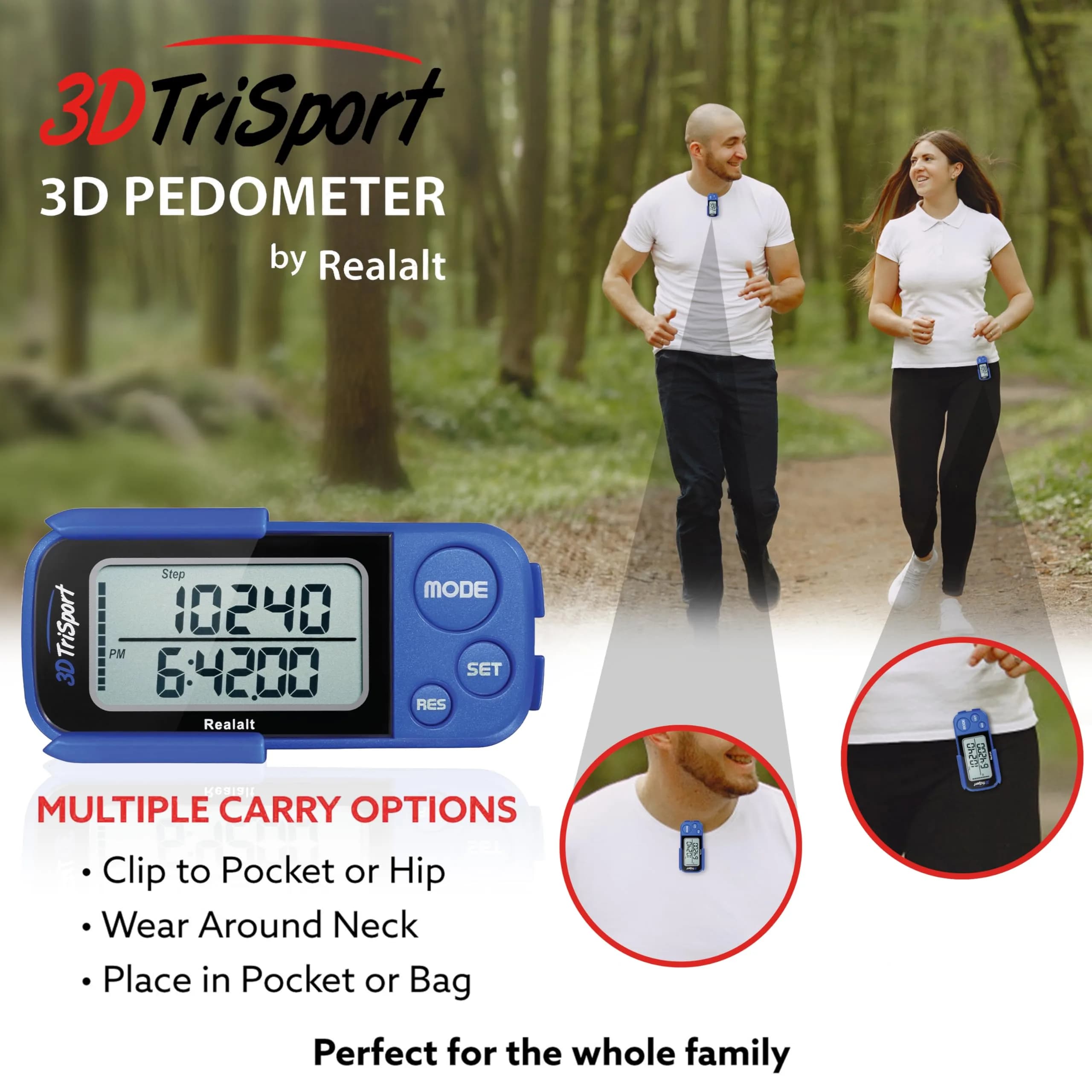 Realalt 3DTriSport 3D Pedometer with Clip & Strap, Accurate Step Counter 7.8cm (3") | Tracks Steps, Distance, Calories - view 5