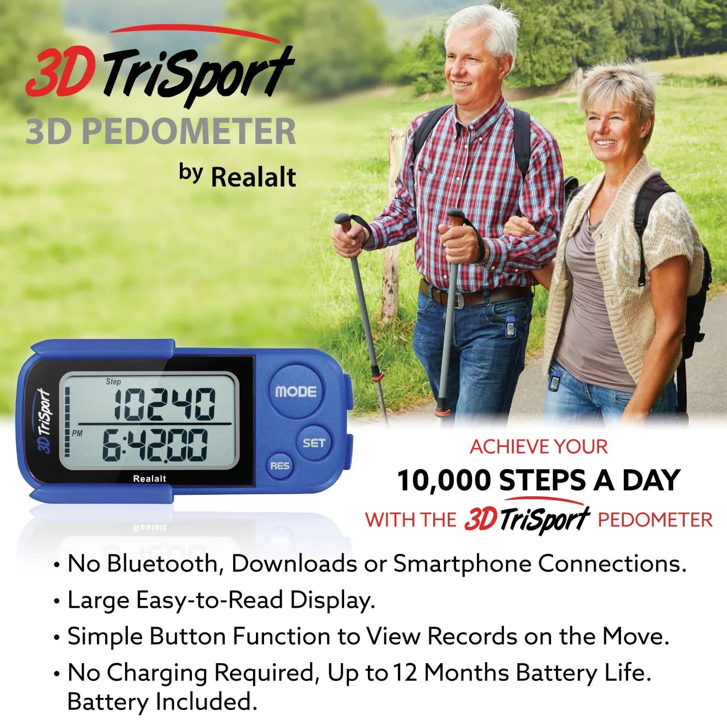 Realalt 3DTriSport 3D Pedometer with Clip & Strap, Accurate Step Counter 7.8cm (3") | Tracks Steps, Distance, Calories - view 6