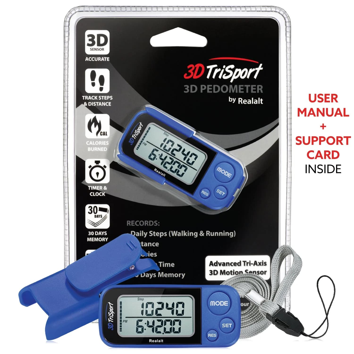 Realalt 3DTriSport 3D Pedometer with Clip & Strap, Accurate Step Counter 7.8cm (3") | Tracks Steps, Distance, Calories - view 7