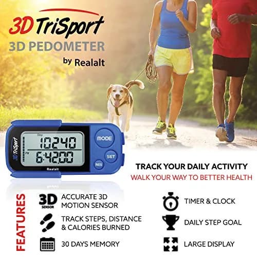 Realalt 3DTriSport 3D Pedometer with Clip & Strap, Accurate Step Counter 7.8cm (3") | Tracks Steps, Distance, Calories thumbnail 2