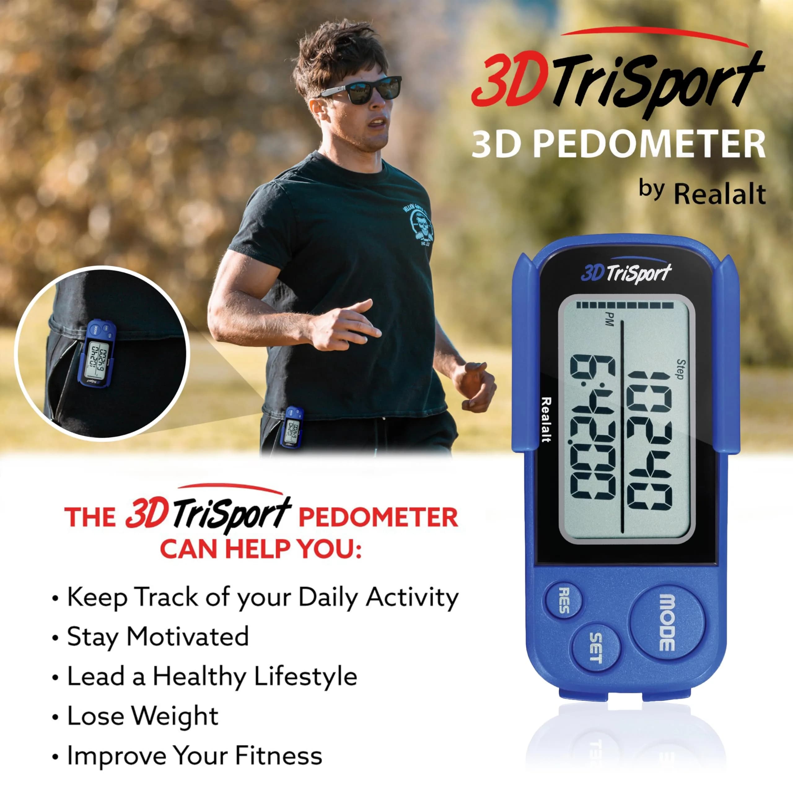 Realalt 3DTriSport 3D Pedometer with Clip & Strap, Accurate Step Counter 7.8cm (3") | Tracks Steps, Distance, Calories - view 3