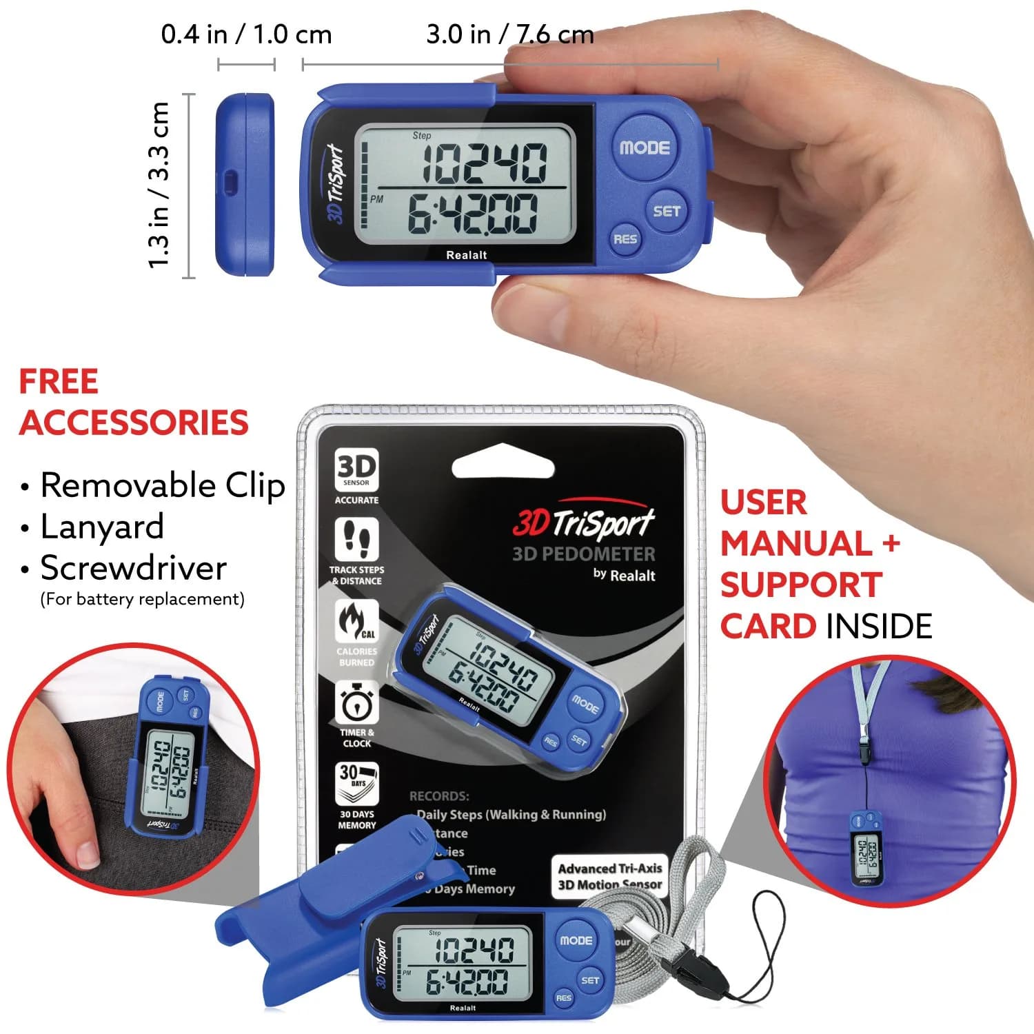 Realalt 3DTriSport 3D Pedometer with Clip & Strap, Accurate Step Counter 7.8cm (3") | Tracks Steps, Distance, Calories - view 4