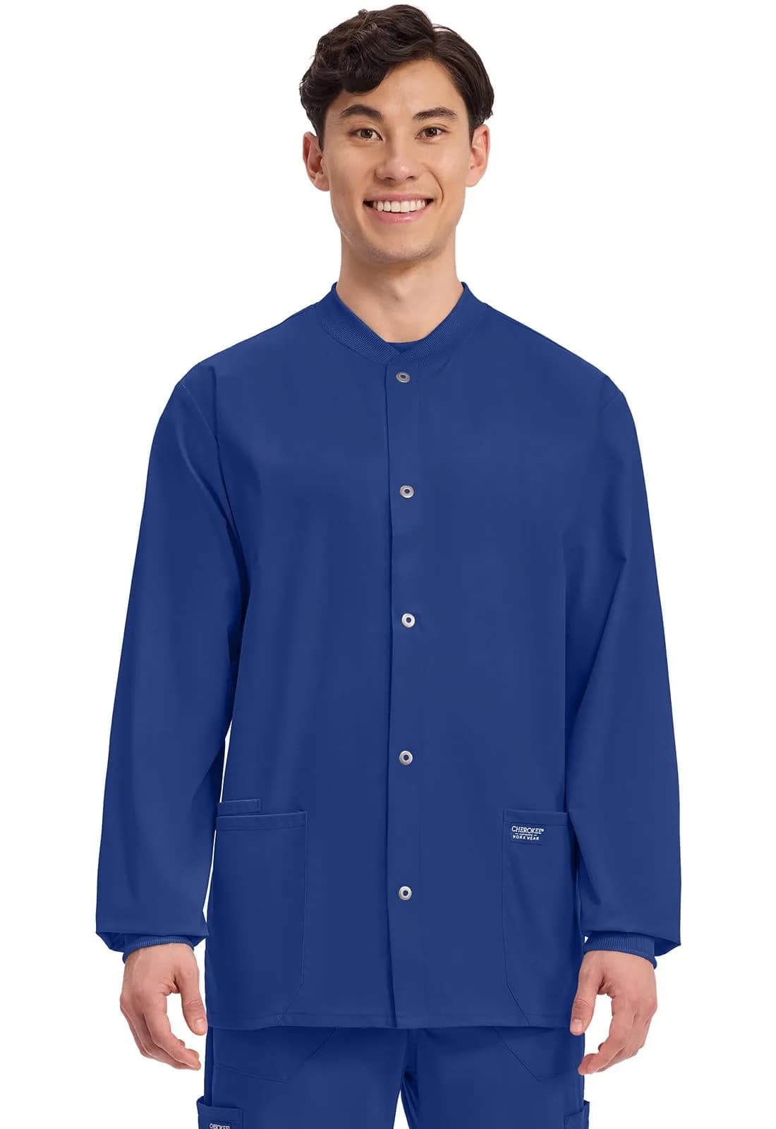 Cherokee WW Professionals Scrub Jacket for Men Snap Front | Long Sleeve Medical Uniform in Galaxy Blue
