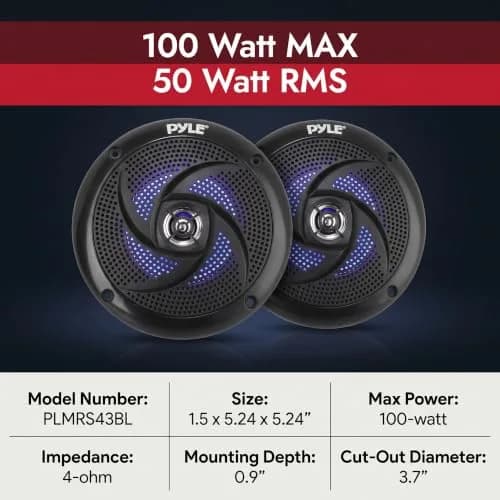 Pyle Waterproof Rated Marine Speakers 4'' 2-Way 100W Pair | Weather-Resistant Outdoor Audio Stereo Sound System with Blue LED Lights thumbnail 2