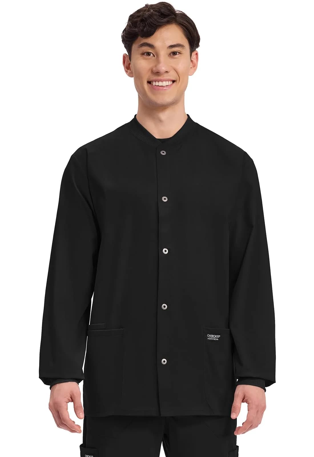Cherokee Men’s Medical Scrub Jacket Ww360 | Professional Long Sleeve, Snap Front, Black, Size Large - main product image