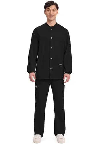 Cherokee Men’s Medical Scrub Jacket Ww360 | Professional Long Sleeve, Snap Front, Black, Size Large thumbnail 6