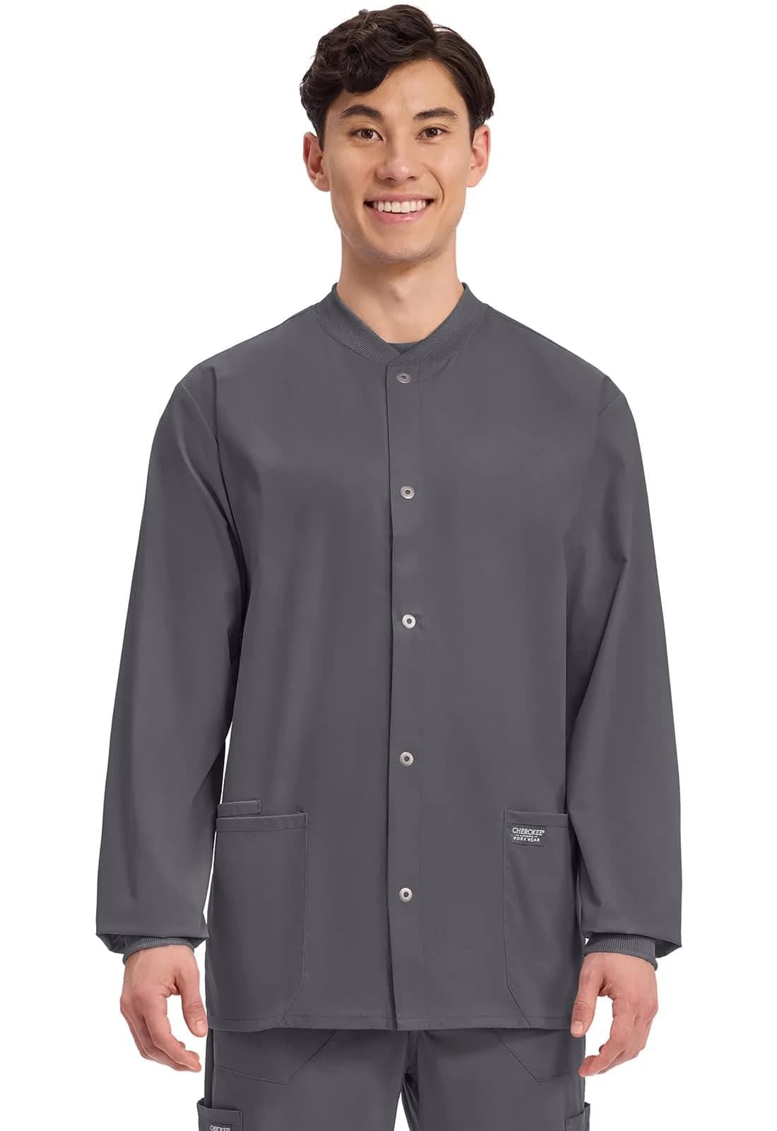 Cherokee WW Professionals Scrub Jacket for Men Snap Front | Long Sleeve, Stretch Fabric, Professional Fit