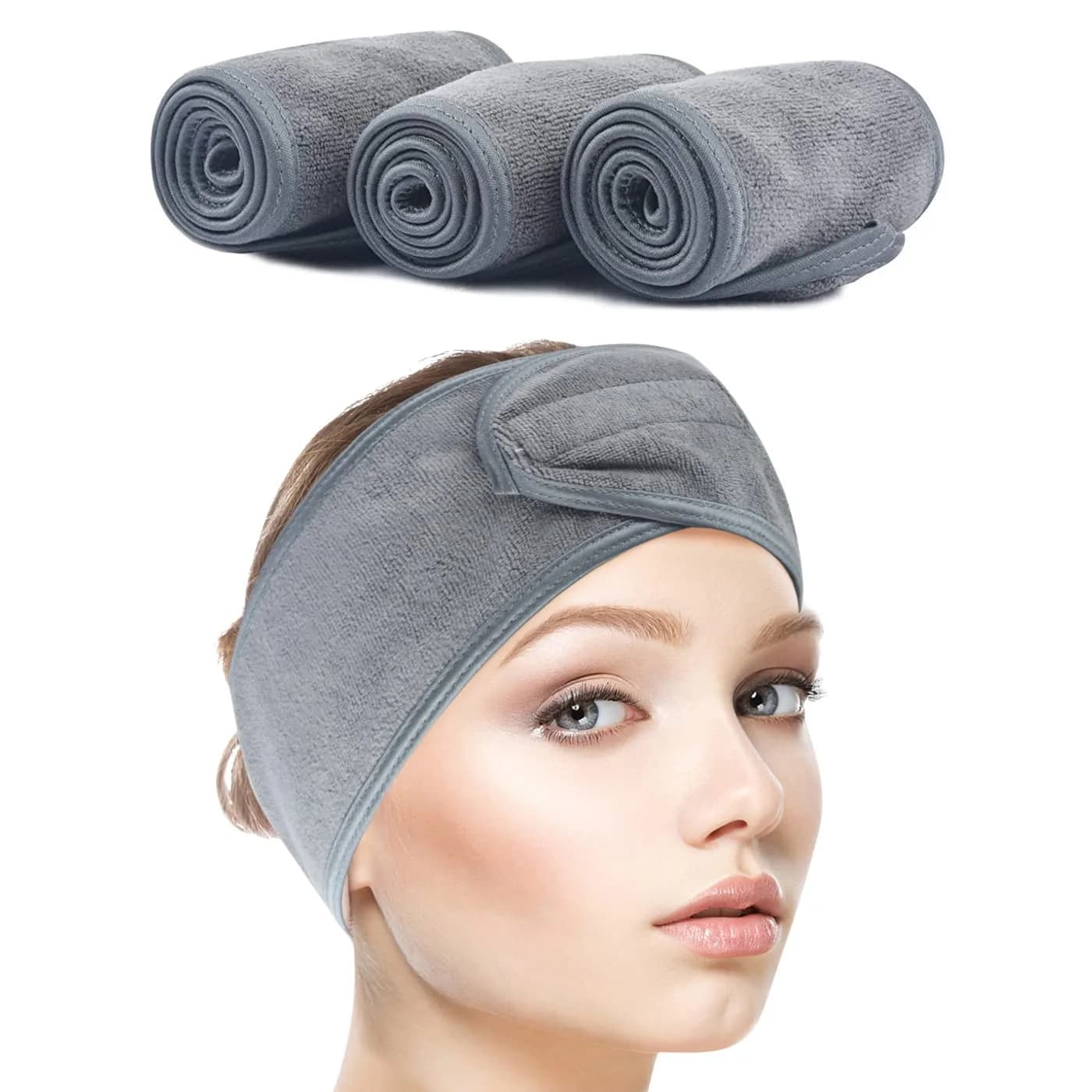 SINLAND Adjustable Spa Facial Headband 3 Pack Grey | Soft Terry Cloth for Face Washing & Makeup — grey