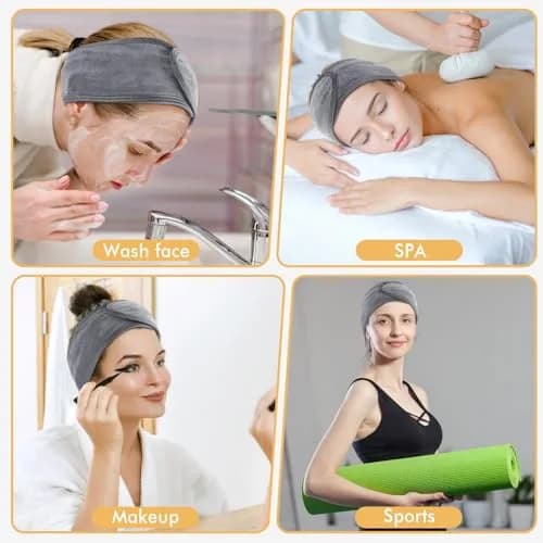 SINLAND Adjustable Spa Facial Headband 3 Pack Grey | Soft Terry Cloth for Face Washing & Makeup thumbnail 4