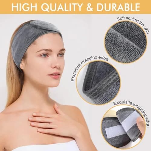 SINLAND Adjustable Spa Facial Headband 3 Pack Grey | Soft Terry Cloth for Face Washing & Makeup thumbnail 2