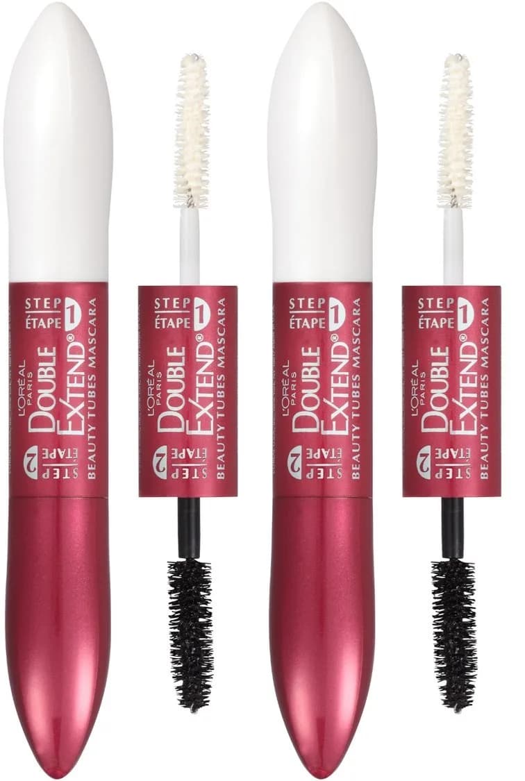 L'Oreal Paris Double Extend Tubing Mascara, Lengthening 2 Step Mascara, Blackest Black, 2x6.35ml (0.43 Fl Oz Total) | Smudge-Proof — Blackest Black