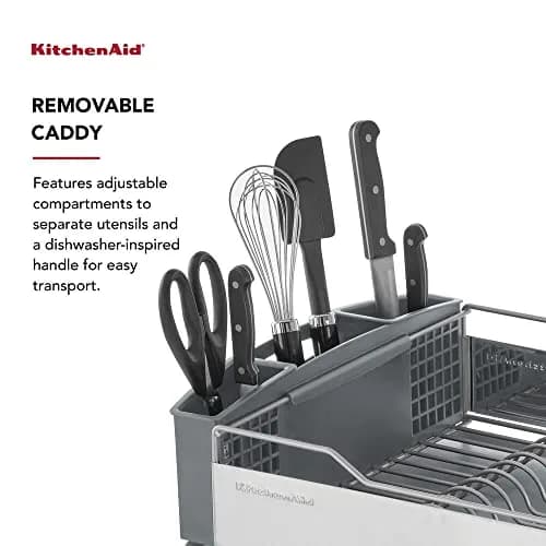 KitchenAid Large Capacity Full Size Rust Resistant Dish Rack with Angled Drain Board and Removable Flatware Caddy, Light Grey | 52.07 cm (20.47 in) Wide thumbnail 4