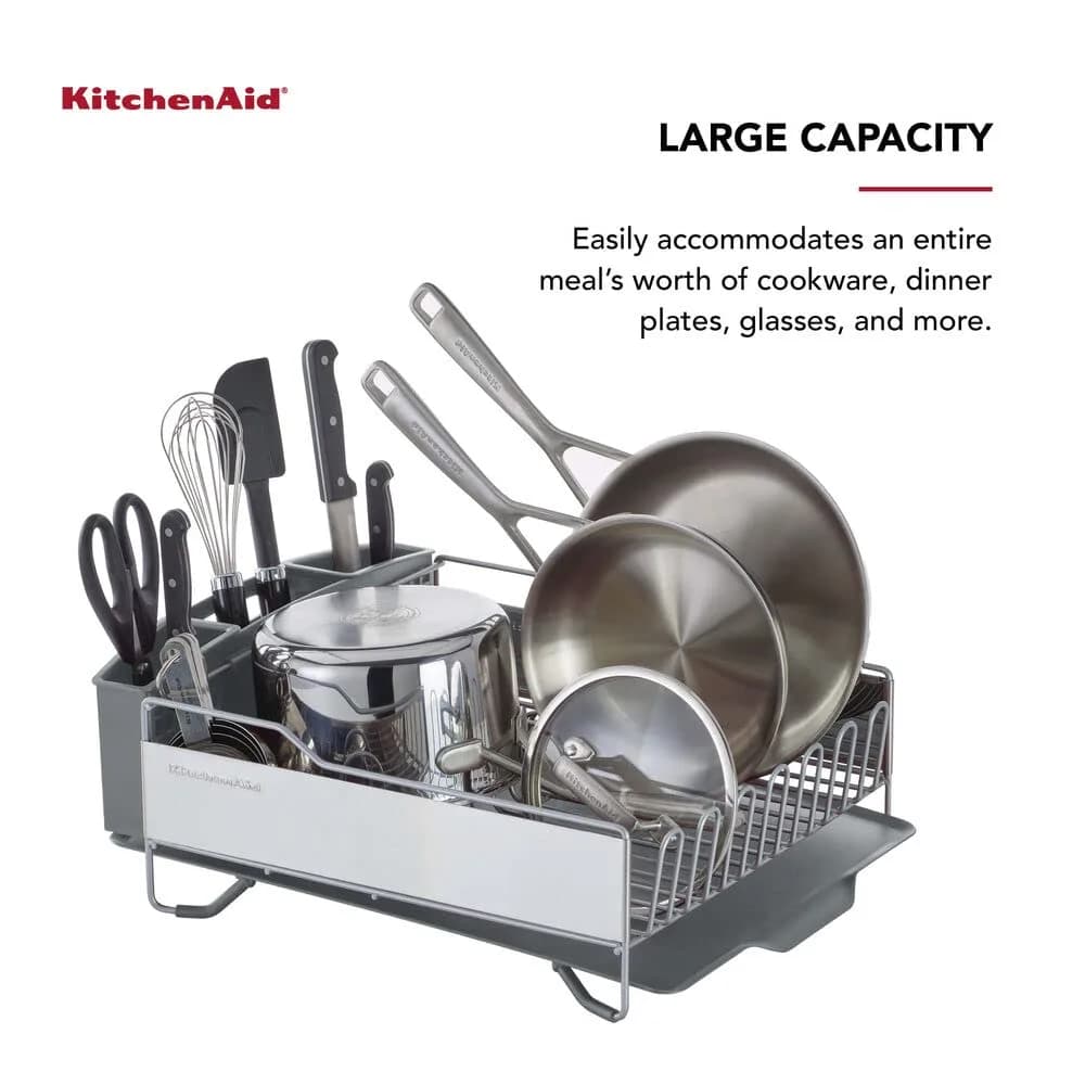 KitchenAid Large Capacity Full Size Rust Resistant Dish Rack with Angled Drain Board and Removable Flatware Caddy, Light Grey | 52.07 cm (20.47 in) Wide - view 5