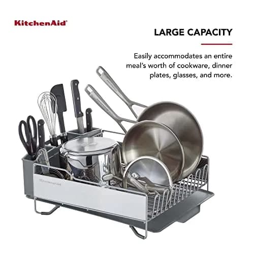 KitchenAid Large Capacity Full Size Rust Resistant Dish Rack with Angled Drain Board and Removable Flatware Caddy, Light Grey | 52.07 cm (20.47 in) Wide thumbnail 5