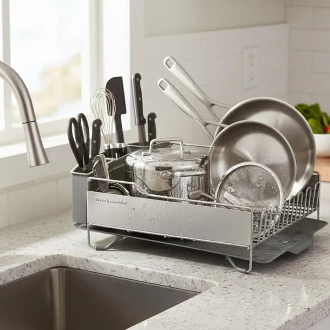 KitchenAid Large Capacity Full Size Rust Resistant Dish Rack with Angled Drain Board and Removable Flatware Caddy, Light Grey | 52.07 cm (20.47 in) Wide - view 2