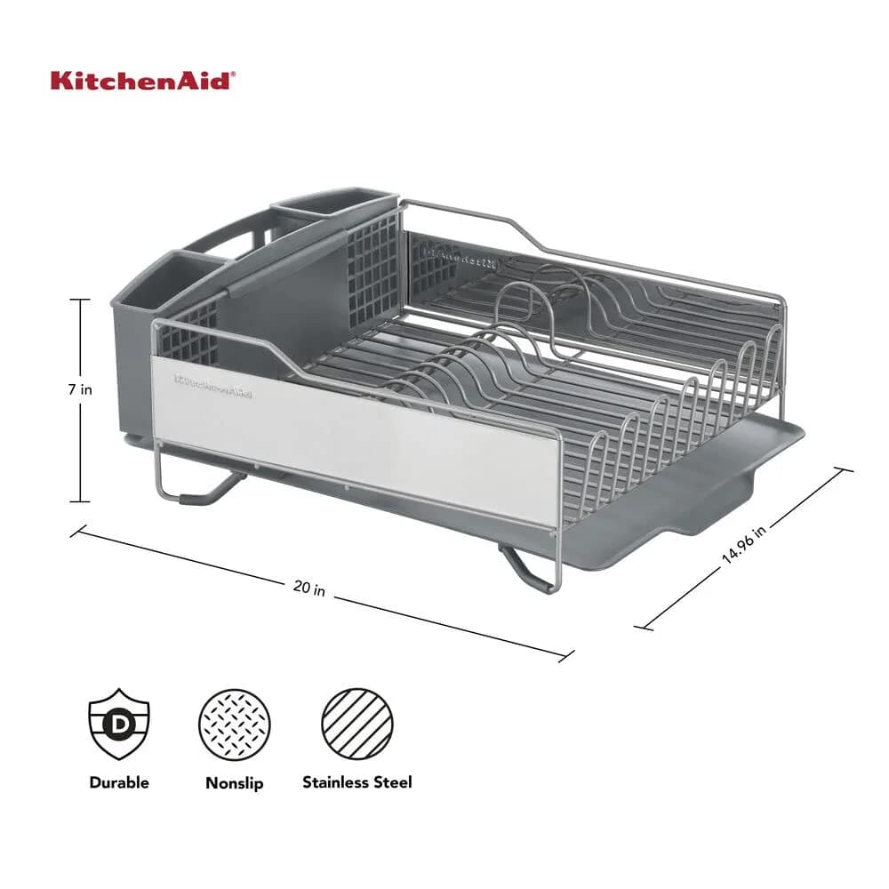 KitchenAid Large Capacity Full Size Rust Resistant Dish Rack with Angled Drain Board and Removable Flatware Caddy, Light Grey | 52.07 cm (20.47 in) Wide - view 3