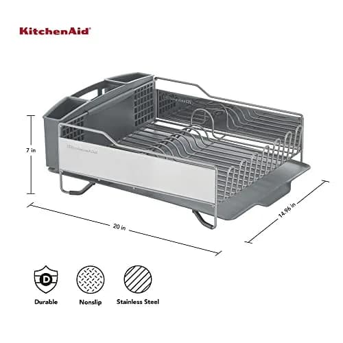 KitchenAid Large Capacity Full Size Rust Resistant Dish Rack with Angled Drain Board and Removable Flatware Caddy, Light Grey | 52.07 cm (20.47 in) Wide thumbnail 3