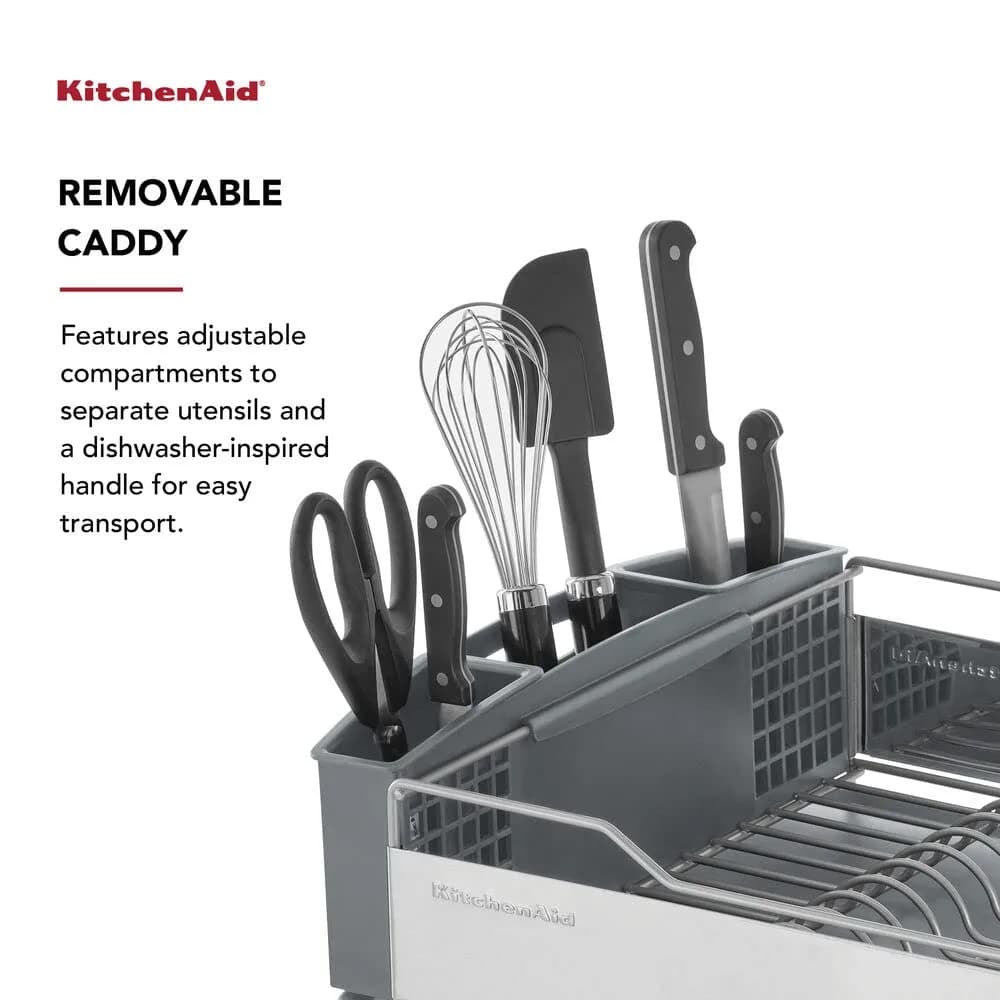 KitchenAid Large Capacity Full Size Rust Resistant Dish Rack with Angled Drain Board and Removable Flatware Caddy, Light Grey | 52.07 cm (20.47 in) Wide - view 4