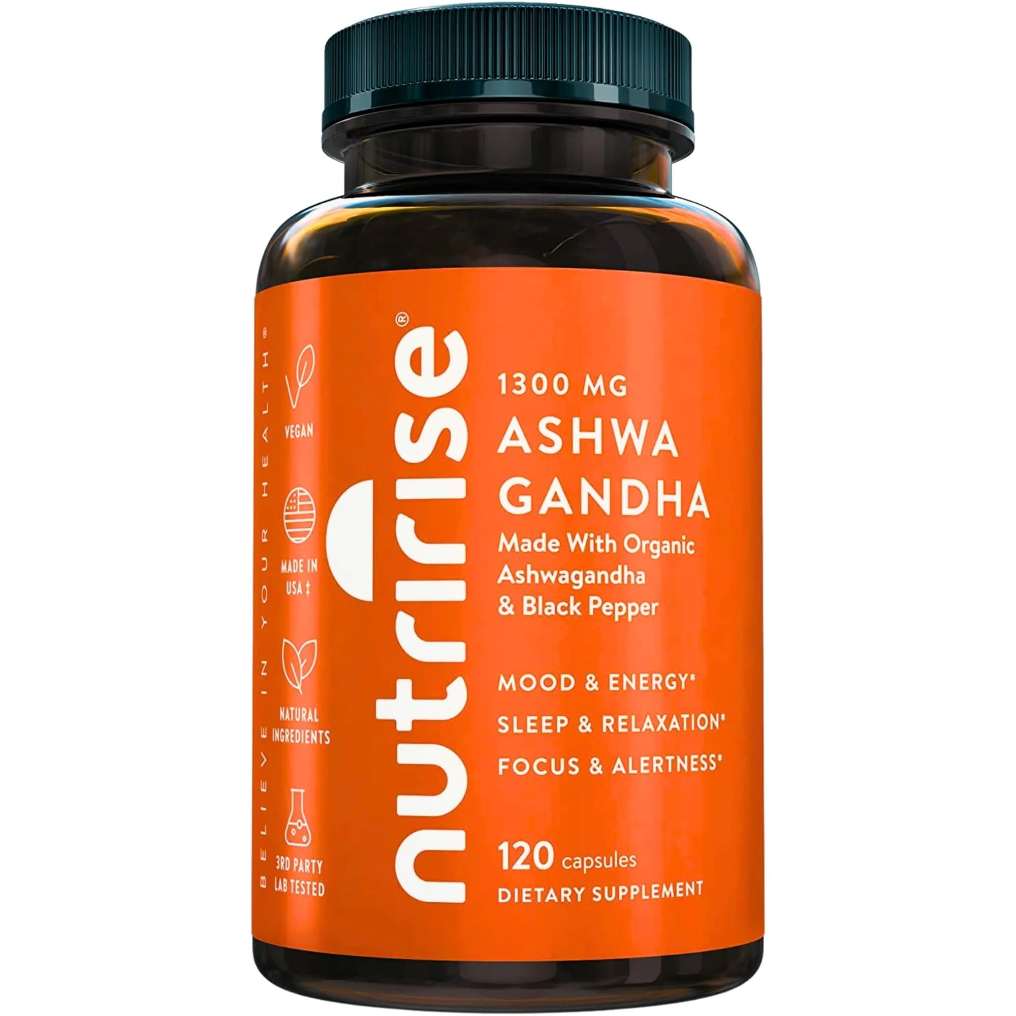 NutriRise Organic Ashwagandha Root Capsules with Black Pepper 1300mg | Stress, Focus & Energy Support — Capsule