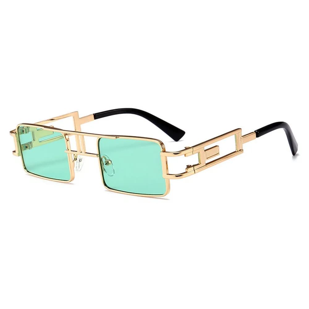 mincl Hip-Hop Square Metal Small Frame Sunglasses UV400, Gold-Green | Retro Style for Women & Men