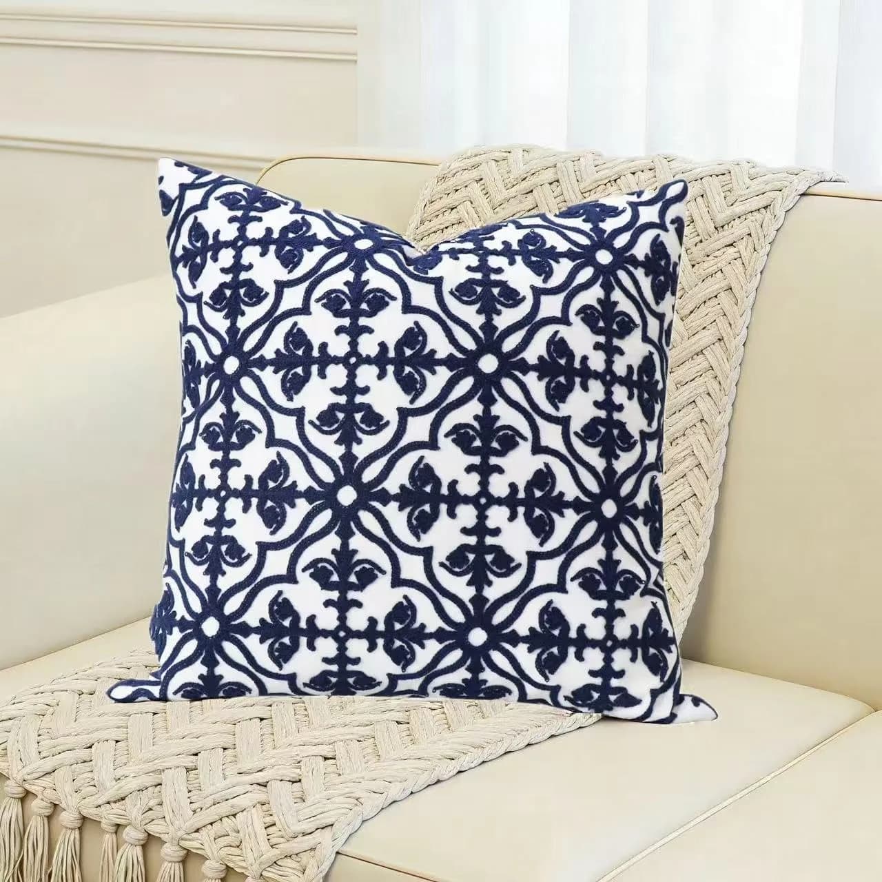 Slow Cow Embroidered Throw Pillow Cover 18 x 18 Inch Navy Blue | Intricate Embroidery, Cotton, Hidden Zipper