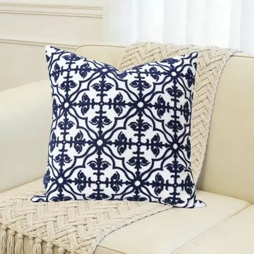 Slow Cow Embroidered Throw Pillow Cover 18 x 18 Inch Navy Blue | Intricate Embroidery, Cotton, Hidden Zipper thumbnail 1