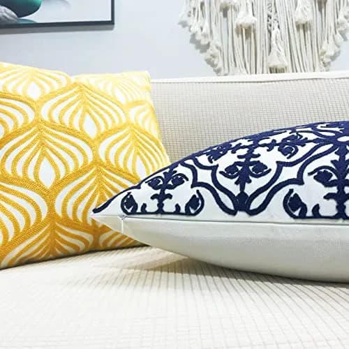 Slow Cow Embroidered Throw Pillow Cover 18 x 18 Inch Navy Blue | Intricate Embroidery, Cotton, Hidden Zipper thumbnail 4