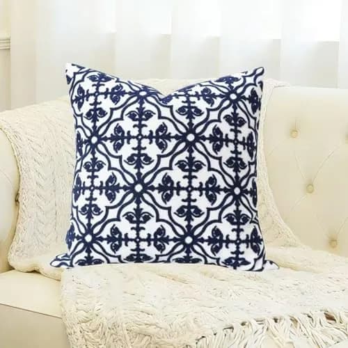 Slow Cow Embroidered Throw Pillow Cover 18 x 18 Inch Navy Blue | Intricate Embroidery, Cotton, Hidden Zipper thumbnail 5