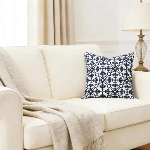 Slow Cow Embroidered Throw Pillow Cover 18 x 18 Inch Navy Blue | Intricate Embroidery, Cotton, Hidden Zipper thumbnail 6