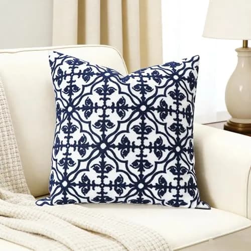 Slow Cow Embroidered Throw Pillow Cover 18 x 18 Inch Navy Blue | Intricate Embroidery, Cotton, Hidden Zipper thumbnail 7