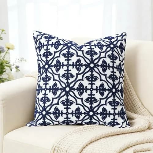 Slow Cow Embroidered Throw Pillow Cover 18 x 18 Inch Navy Blue | Intricate Embroidery, Cotton, Hidden Zipper thumbnail 8
