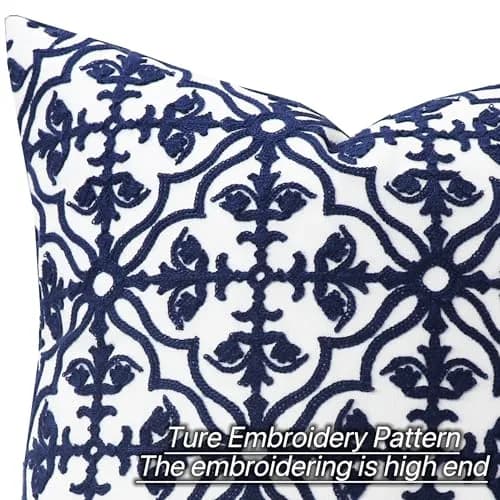 Slow Cow Embroidered Throw Pillow Cover 18 x 18 Inch Navy Blue | Intricate Embroidery, Cotton, Hidden Zipper thumbnail 2