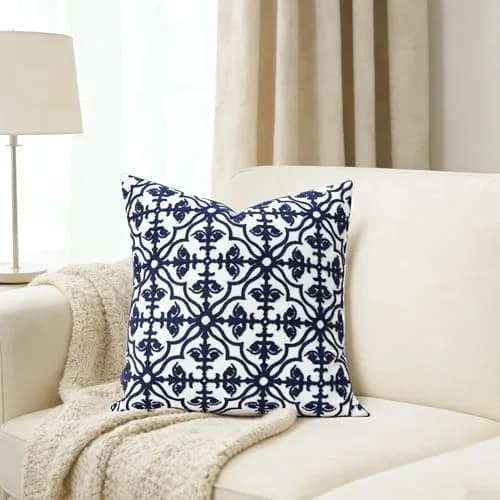 Slow Cow Embroidered Throw Pillow Cover 18 x 18 Inch Navy Blue | Intricate Embroidery, Cotton, Hidden Zipper thumbnail 3