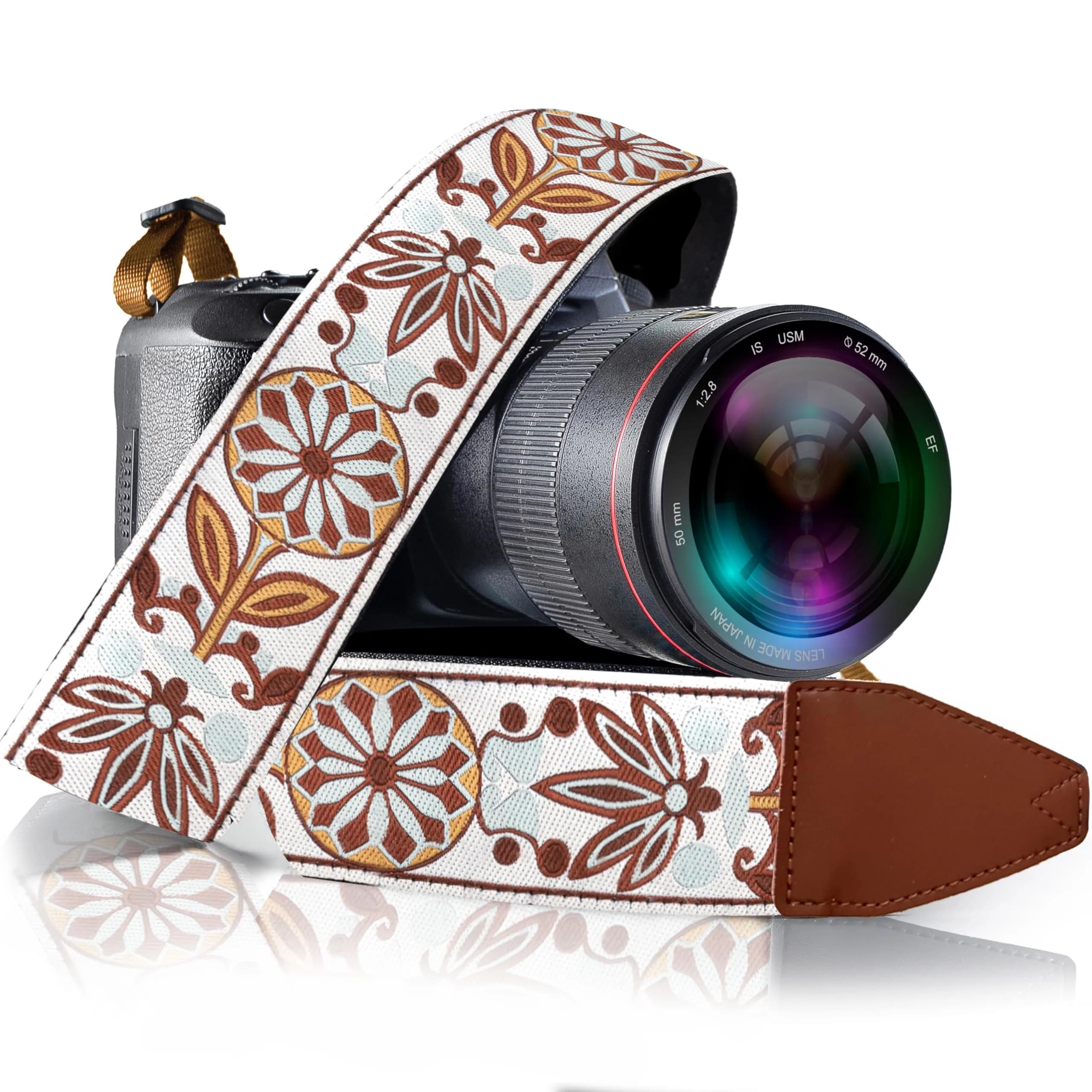 Art Tribute Embroidered Cotton & Leather Camera Strap | Padded Neck, Shoulder & Crossbody for All Cameras