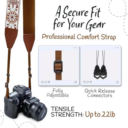 Art Tribute Embroidered Cotton & Leather Camera Strap | Padded Neck, Shoulder & Crossbody for All Cameras thumbnail 4
