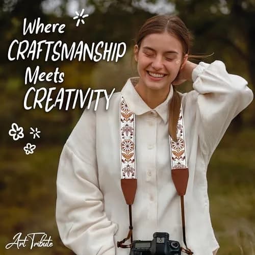 Art Tribute Embroidered Cotton & Leather Camera Strap | Padded Neck, Shoulder & Crossbody for All Cameras thumbnail 8