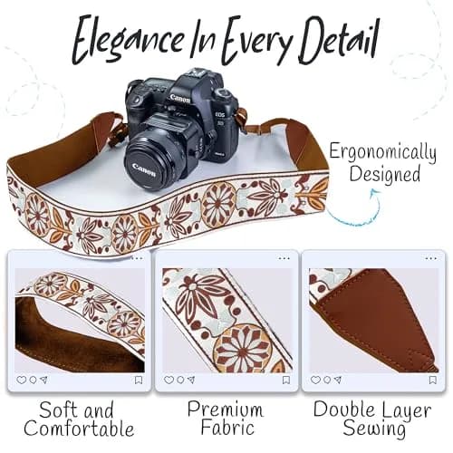 Art Tribute Embroidered Cotton & Leather Camera Strap | Padded Neck, Shoulder & Crossbody for All Cameras thumbnail 3