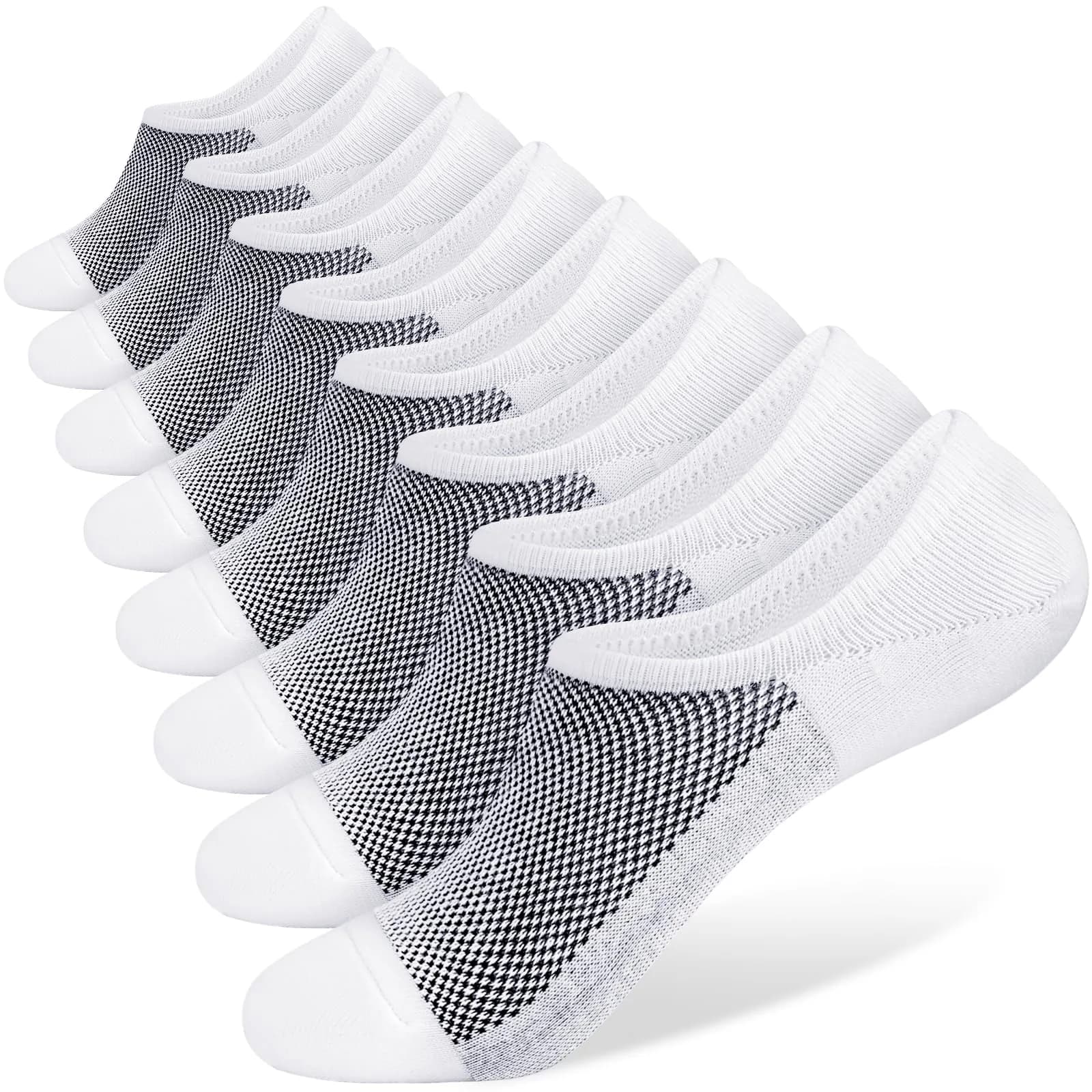SIXDAYSOX No-Show Socks for Men 8 Pairs Size 9-11 White Mesh Knit Low Cut Ankle Socks with Non Slip Grid — 8 White / 9-11
