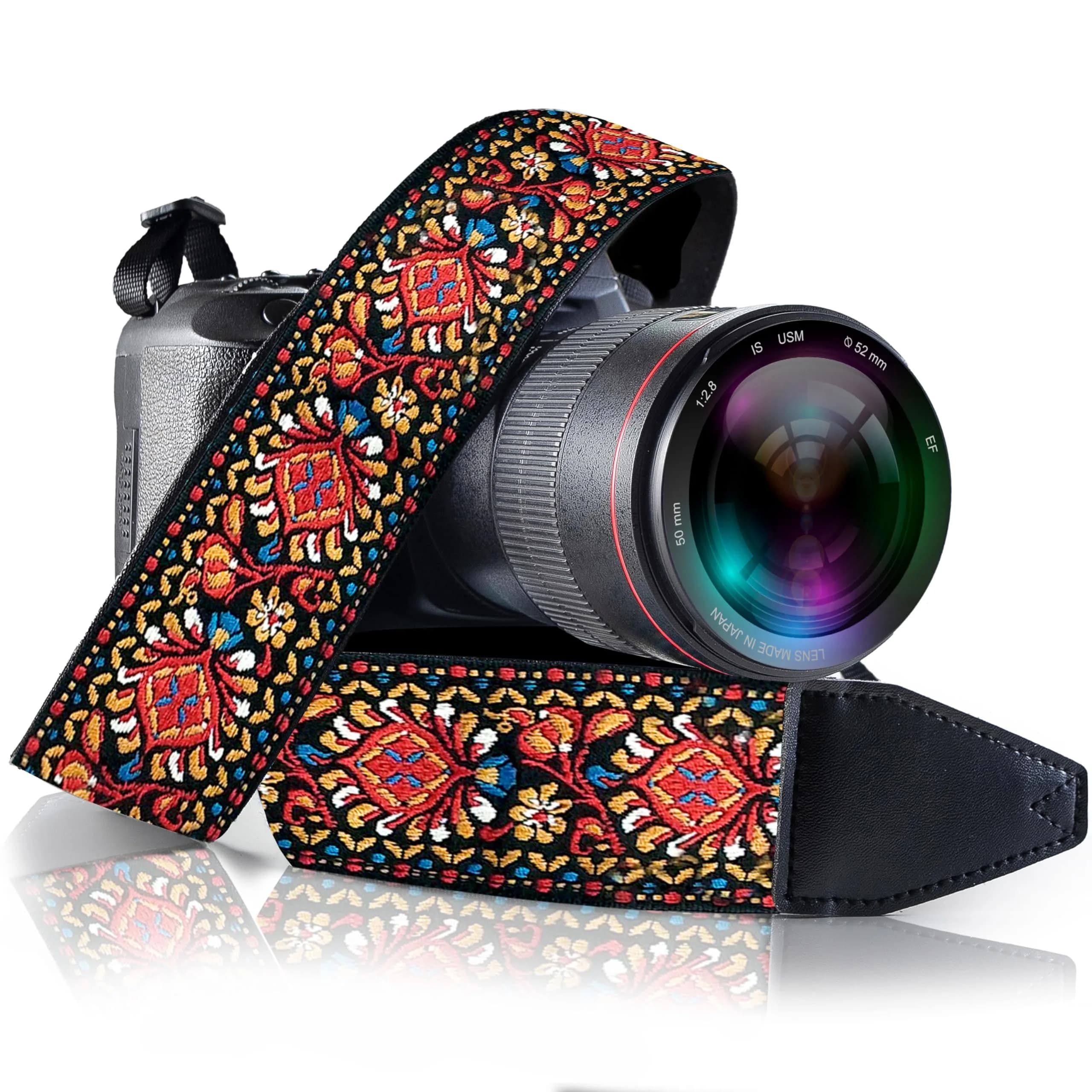 Art Tribute Embroidered Cotton & Leather Camera Strap - Red Woven, Padded Neck, Shoulder & Crossbody Strap for All Cameras | 0.08 kg (0.18 lb)