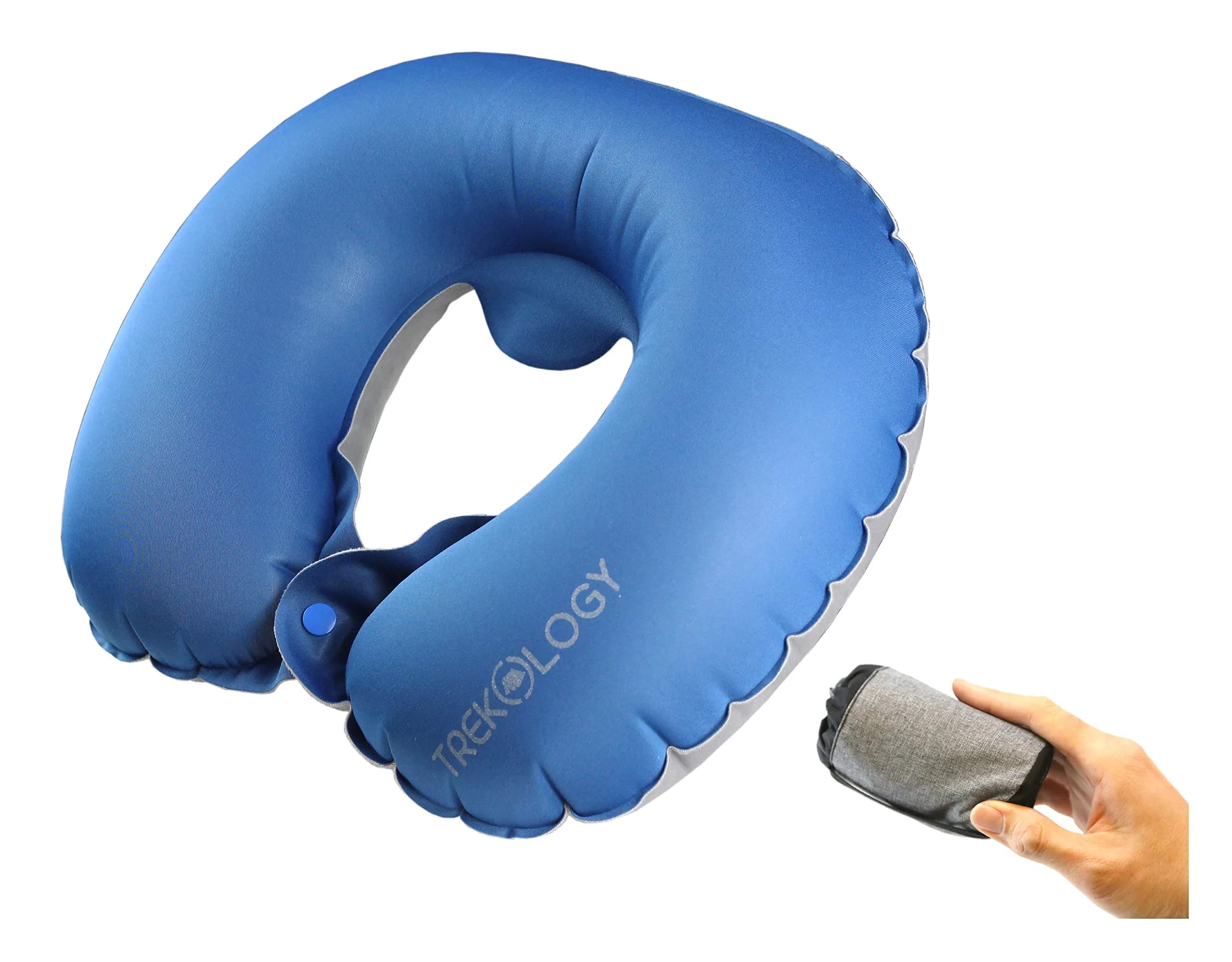 TREKOLOGY Inflatable Neck Pillow for Travel | Compact Ultralight Air Support with Button Inflation & Quick Deflate — Blue