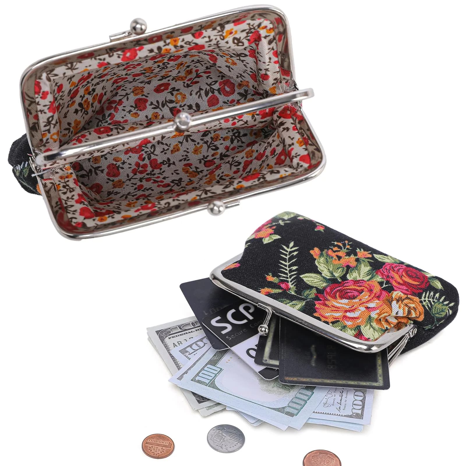 Sanxiner Cute Floral Kiss-Lock Coin Purse with 2 Compartments | Vintage Style Canvas Pouch - view 5
