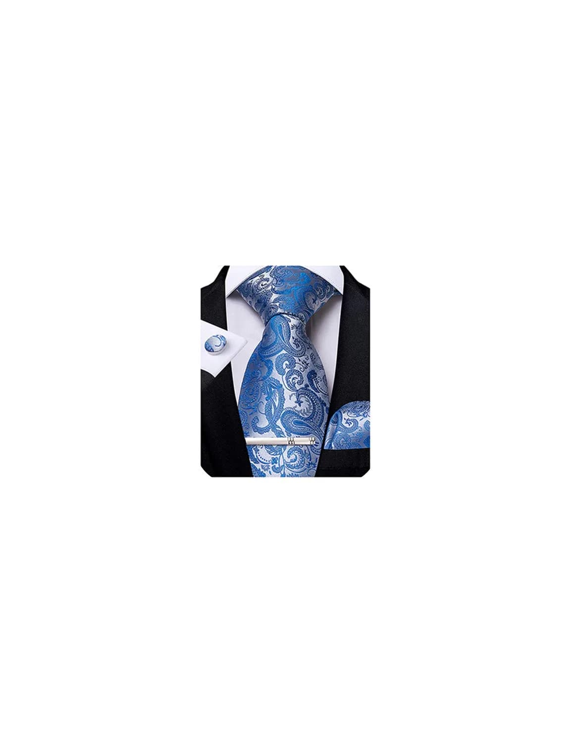DiBanGu Paisley Silk Necktie and Pocket Square Cufflinks Tie Clip Set for Men | 147 cm (58 inches) x 8 cm (3.15 inches) Light Blue — 04 Light Blue
