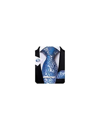 DiBanGu Paisley Silk Necktie and Pocket Square Cufflinks Tie Clip Set for Men | 147 cm (58 inches) x 8 cm (3.15 inches) Light Blue thumbnail 1
