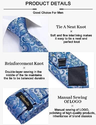 DiBanGu Paisley Silk Necktie and Pocket Square Cufflinks Tie Clip Set for Men | 147 cm (58 inches) x 8 cm (3.15 inches) Light Blue thumbnail 5
