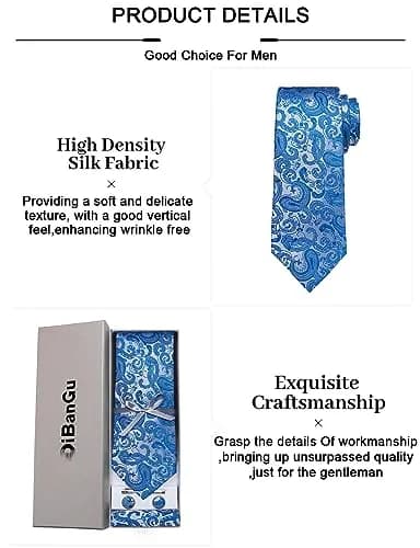 DiBanGu Paisley Silk Necktie and Pocket Square Cufflinks Tie Clip Set for Men | 147 cm (58 inches) x 8 cm (3.15 inches) Light Blue thumbnail 6