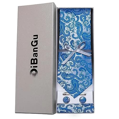 DiBanGu Paisley Silk Necktie and Pocket Square Cufflinks Tie Clip Set for Men | 147 cm (58 inches) x 8 cm (3.15 inches) Light Blue thumbnail 3