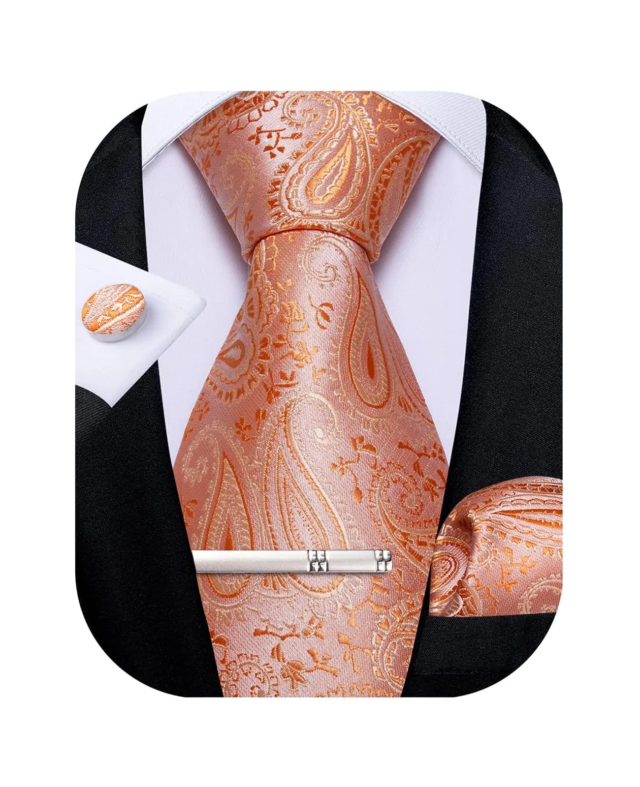 DiBanGu Paisley Silk Necktie and Pocket Square Set with Cufflinks and Tie Clip - Coral Orange (59 inches x 3.15 inches) — 03 Coral