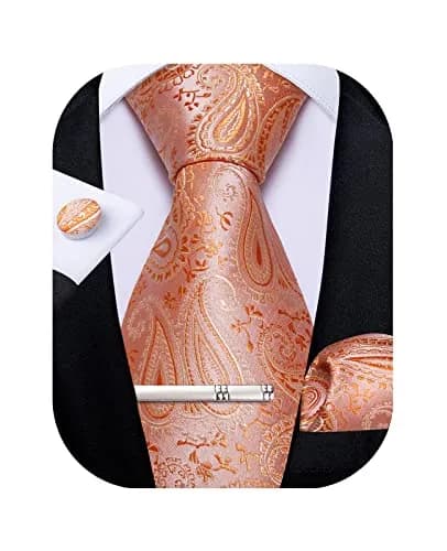 DiBanGu Paisley Silk Necktie and Pocket Square Set with Cufflinks and Tie Clip - Coral Orange (59 inches x 3.15 inches) thumbnail 1