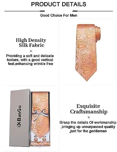 DiBanGu Paisley Silk Necktie and Pocket Square Set with Cufflinks and Tie Clip - Coral Orange (59 inches x 3.15 inches) thumbnail 6
