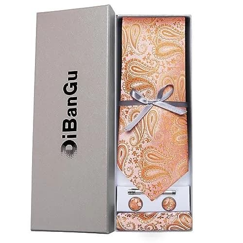 DiBanGu Paisley Silk Necktie and Pocket Square Set with Cufflinks and Tie Clip - Coral Orange (59 inches x 3.15 inches) thumbnail 3
